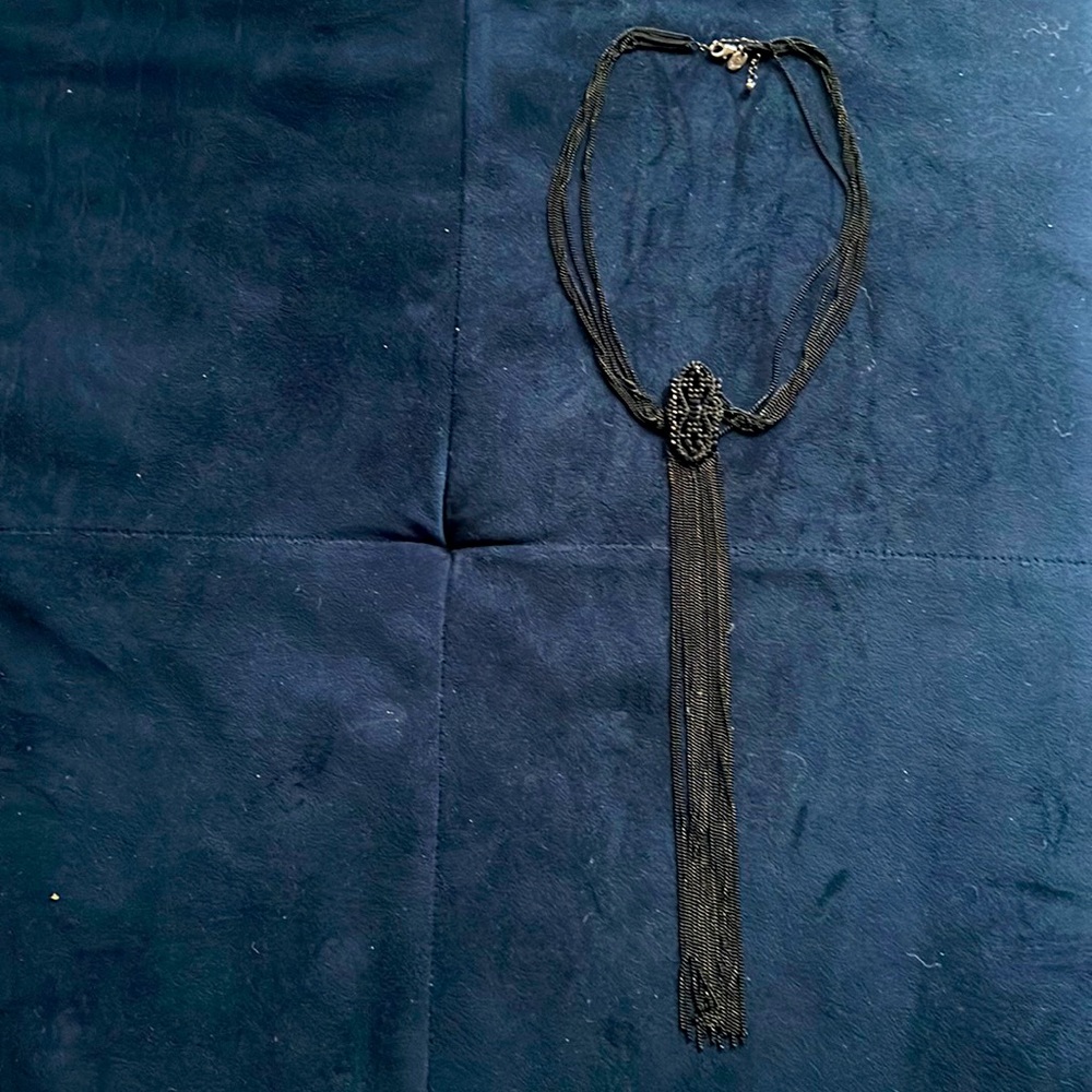 Black metal long 30” necklace with black rhinestone detail pendant
